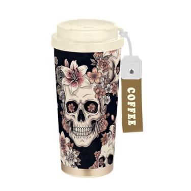 Imagem de Impressão engraçada de caveiras humanas, caneca de viagem de café 40 ml com canudo e tampa, copos de parede dupla isolados a vácuo com revestimento cerâmico para escola, escritório, festa, acampamento