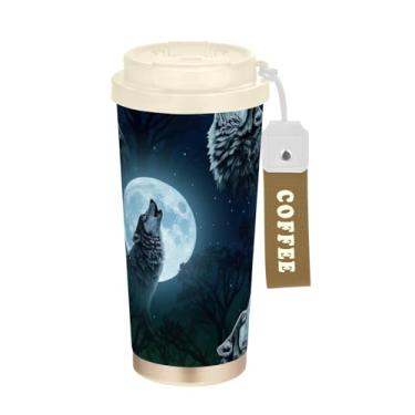 Imagem de TSENQUE Caneca de café de viagem de 473 ml, copo de café com revestimento cerâmico com tampa e palha, copo isolado a vácuo de aço inoxidável, estampas de lobos brancos e pretos