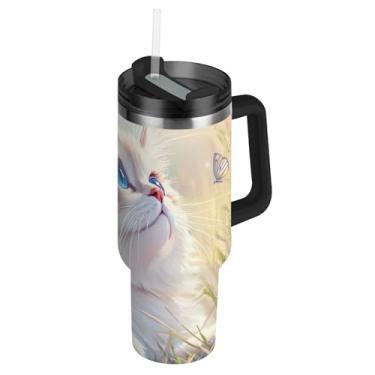 Imagem de Joisal Cute Ragdoll Cat Butterfly Tumblers com tampas e canudo garrafa de água de aço inoxidável isolado 1,134 g copo com alça copo adulto para quente e frio