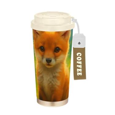 Imagem de TSENQUE Caneca de café de viagem de 473 ml com tampa de canudo e filp, copo de café de viagem de aço inoxidável à prova de vazamento para escritório, escola, festa, acampamento, raposa fofa, colorida
