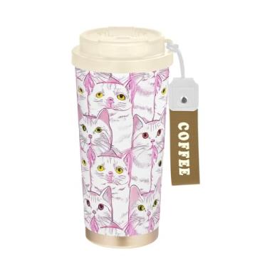 Imagem de Caneca de café de viagem de 473 ml com tampa de canudo e filp, copos de parede dupla isolados a vácuo com revestimento cerâmico, animais fofos de gatos rosa e branco