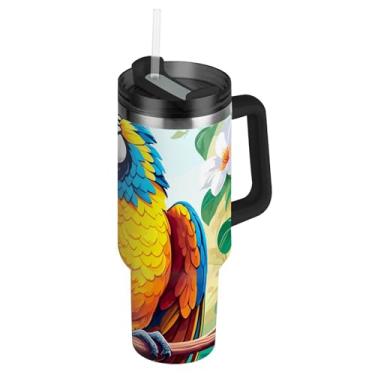 Imagem de Joisal Copos de aço inoxidável com tampa e canudos, caneca de café quente tropical de arara amarela azul para carros, copo térmico com alça, garrafa de água isolada de 1,134 g