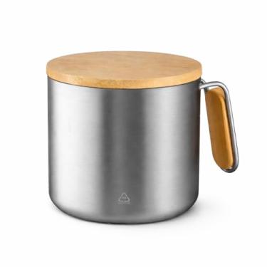 Imagem de Caneca térmica inox 380ml com tampa de bambu parede dupla e alça lateral
