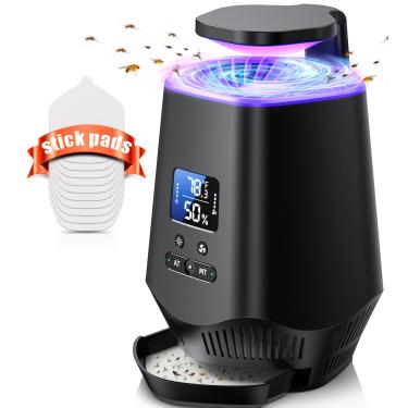 Imagem de Fooxem Armadilhas para moscas de frutas para ambientes internos, armadilhas inteligentes para insetos e mosquitos internos com sensor de temperatura e umidade, 10 peças de placas adesivas pretas