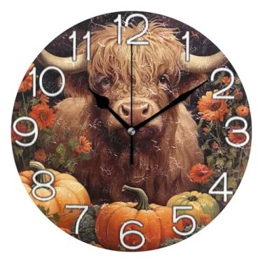 Imagem de GAIGEO Relógio de parede analógico decorativo operado por bateria relógio de sala de aula, decoração de parede vintage, sala de estar, outono vaca abóbora laranja, 25 cm, ponteiros dourados