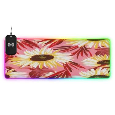 Imagem de CEBUGI Mouse pad de carregamento sem fio girassóis 15W mouse pad rápido para jogos com 14 iluminação LED RGB para jogos, PC, laptop, mesa 90,9 x 39,9 cm