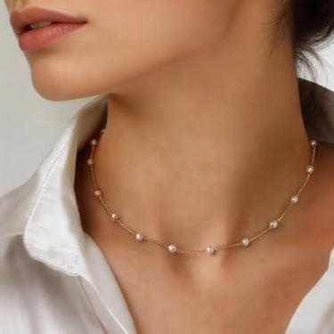 Imagem de Colar de pérolas moderno - Colares de corrente de contas em camadas elegantes minimalistas para mulheres, Medium, Metal, Sem Pedra Preciosa