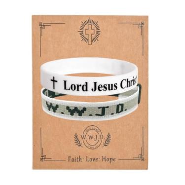 Imagem de WWJD Conjunto de pulseiras de silicone com versículo bíblico cristão WWJD Pulseira de corda trançada com citação cristã pulseiras cruzadas de borracha O que Jesus faria pulseiras religiosas tecidas,