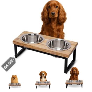 Imagem de AASPIRE PETS Tigelas elevadas para cães, tigela de madeira de manga média de 6 alturas, estrutura de ferro com suporte de ferro com 2 peças de pratos de aço inoxidável para animais de estimação de 1,8