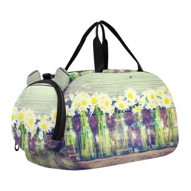 Imagem de Bolsa esportiva escocesa Highland com flores de vaca para meninas, bolsa de viagem noturna, compartimento de sapatos para meninos, Vasos margaridas de madeira, Clássico