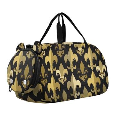 Imagem de Bolsa esportiva para meninos e crianças, clássica, vermelha, preta, branca, xadrez, para meninas, bolsa de viagem com compartimento para sapatos, Flor de Lis dourada preta, Clássico