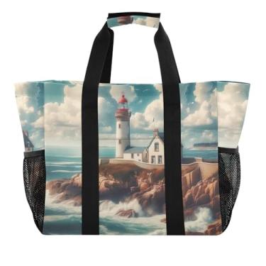 Imagem de Sacolas femininas para academia de praia fofas decorativas de lona de mercearia à prova de areia para piquenique bolsa bolso farol dobrável grande bolsa mãe de viagem