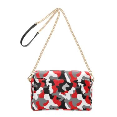 Imagem de Joitme Bolsa feminina de camuflagem chique vermelha, bolsa tiracolo de couro PU com alça de corrente, bolsa de telefone fofa