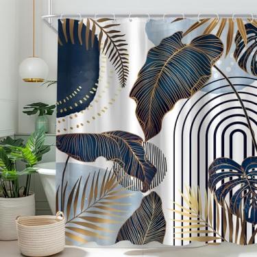 Imagem de Cinbloo Cortina de chuveiro azul Boho 72Lx72H meados do século moderno tropical abstrato esmeralda folhas de ouro Monstera palmeira planta conjunto de cortina de banheiro arco minimalista acessórios