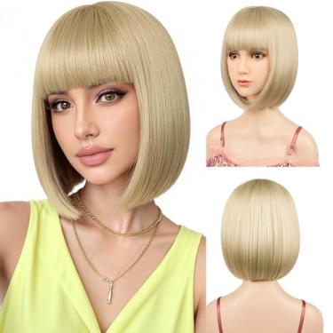 Imagem de Perucas Blonde Bob com franja plana incluem touca de peruca de fibra sintética resistente ao calor de 30 cm para todas as mulheres, crianças, adultos, fantasia de Halloween, perucas coloridas (loira)