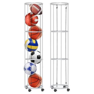 Imagem de Rolitwils Roliwils Suporte de bola de basquete, suporte de parede 2 em 1 ou móvel com rodas | armazenamento de bolas multiesportivo para garagem/interno/externo | acesso rápido | 33 x 33 x 144 cm