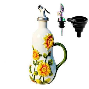 Imagem de Dispensador de garrafa de azeite de oliva de cerâmica pintada à mão de 510 g, com alça decorativa de azeite de oliva, para cozinha, garrafa de vinagre de óleo de cerâmica, garrafa de tempero com bico
