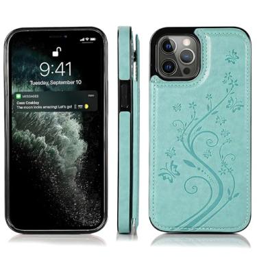Imagem de YAOZOCASE Capa para iPhone, carteira retrô fina de couro PU com estampa de borboleta, compartimentos para cartão, proteção de grau militar, macia, à prova de choque (verde, iPhone 13)