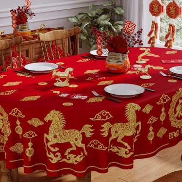 Imagem de Siilues Toalha de mesa oval para o ano novo chinês, 152 x 152 cm, lavável, cavalo do zodíaco, ouro vermelho, toalha de mesa feliz ano novo lunar 2026, impermeável, sazonal, festival, festa em casa