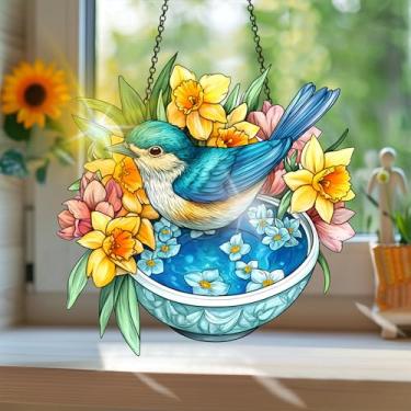 Imagem de Acrílico colorido, apanhador de sol estilo vitral estampado animal pássaro com reflexos de arco-íris, decoração de janela suspensa, decoração de parede, ornamentos de primavera, uso interno e externo