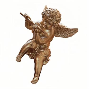 Imagem de TerkCo Estatueta decorativa de anjo querubim com flauta, resina dourada vintage adorável escultura de ângulo, para decoração de casa, sala de estar, mesa (ouro)