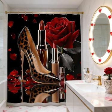 Imagem de JONSEQIN Cortina de chuveiro de salto alto moderna listrada maquiagem romântica mulher meninas princesa linda rosa flor fantasia dia dos namorados decoração de banheiro cortinas 178 x 178 cm com
