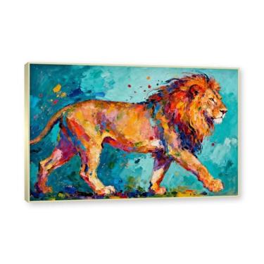 Imagem de NHLDZYH Moldura dourada. Pintura de leão colorida, impressão de arte abstrata vibrante, decoração de parede de animais selvagens e enérgicos, tela contemporânea moderna para quarto, academia, quarto