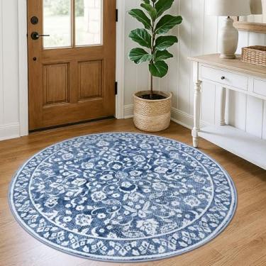 Imagem de SILOLOOM Tapete redondo azul e branco de 1,5 m para entrada lavável tapete de entrada circular antiderrapante tapete redondo impresso interno de lã sintética tapete de porta da frente tapete de chão