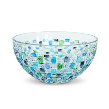 Imagem de MAGCOLOR Tigela de salada de cristal de vidro azul pintada à mão - 17,5 cm de diâmetro. Tigela de mistura de vidro para decoração de casa, escritório, decoração de casamento, frutas, lanche, sobremesa