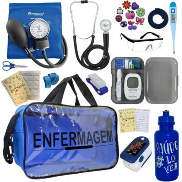 Imagem de Kit Bolsa Transparente Aparelho de Pressão Aneroide Medidor de Glicose