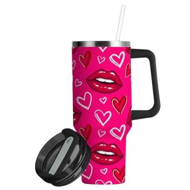 Imagem de ATTX Copo vermelho de 850 g para lábios e corações com alça, copo de aço inoxidável a vácuo de parede dupla com palha, caneca de café de viagem isolada #453