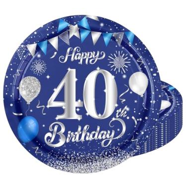 Imagem de 20 peças de pratos de aniversário de 23 cm de luxo azul e prata 40º aniversário conjunto de talheres de festa azul marinho e prata descartáveis grandes pratos de papel, para homens e mulheres
