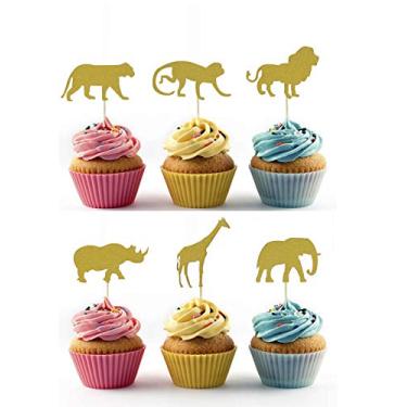 Imagem de Topfun 24 unidades Selva Safari Animal Cupcake Toppers Elefante Leão Tigre Girafa Rhino Macaco Dourado Glitter Palhetas de Bolo para Chá de Bebê Crianças Lembranças de Festa de Aniversário
