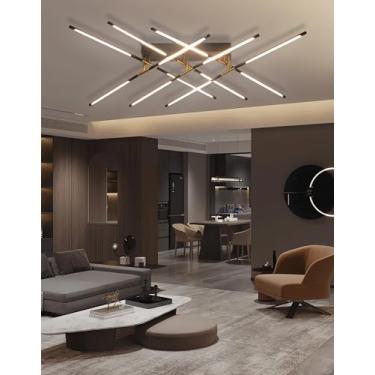 Imagem de Luminária de teto LED moderna com 12 lâmpadas retangulares pretas e douradas, com controle remoto e intensidade ajustável, ideal para quarto, sala de estar, cozinha, sala de jantar e restaur