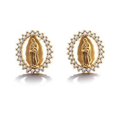 Imagem de Brincos religiosos de zircônia cúbica para mulheres, joia de fé, presente cristão para sua igreja, oração, uso diário, elegante, design de halo redondo, Large, Latão, Sem pedra preciosa