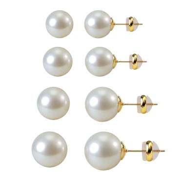Imagem de EFTKOY 4 pares de brincos de pérola grande, brincos de prata banhados a ouro 14K, hipoalergênicos, redondos simulados, grandes pérolas, 8 mm/10 mm/12 mm/14 mm para mulheres