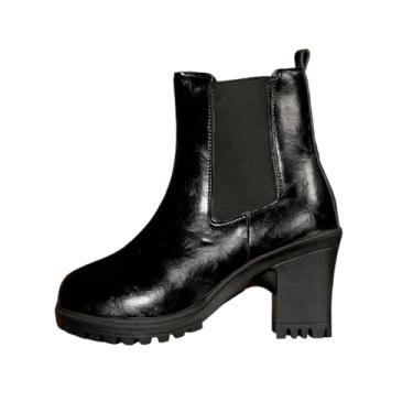 Imagem de Botas curtas femininas de pele oculta grossa com elástico para outono e inverno, casual e versátil, Preto, 38