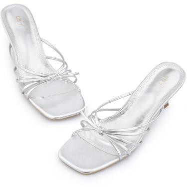 Imagem de Allegra K Sandálias femininas de salto gatinho com tiras e bico quadrado, Prata, 35