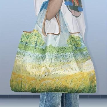 Imagem de Sacola reutilizável de grande capacidade - design chique de pintura a óleo, dobrável, lavável e fácil de limpar bolsa de compras de nylon para mulheres - perfeita para supermercado, cozinha e itens