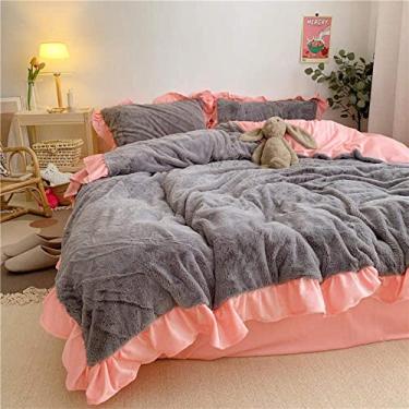 Imagem de Conjunto de lençóis de pelúcia de flanela de veludo cor sólida grossa e quente jogo de cama com babados capa de edredom de pelúcia curta fronhas de linho de cama - renda bege_tamanho casal 4 peças