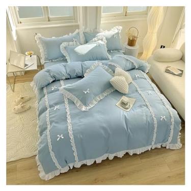 Imagem de Conjuntos de cama com laço de renda e capa de edredom para meninas, casa, quarto, cama de luxo em uma bolsa (azul solteiro 4 peças)