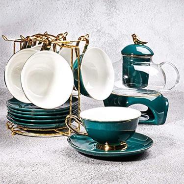 Imagem de Conjunto de chávenas de café e chá da tarde, utensílios de bebida, café, estilo europeu, porcelana esmaltada, serviço de café e chá com 6 peças de xícaras e 6 peças, uma superfície lisa (conjunto azul