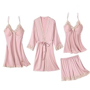 Imagem de HHHJQFAAT Pijama feminino 5 peças conjunto de pijama cami de cetim com roupão decote em V vestido de dormir floral guarnição de renda GG Borgonha-B (rosa b)