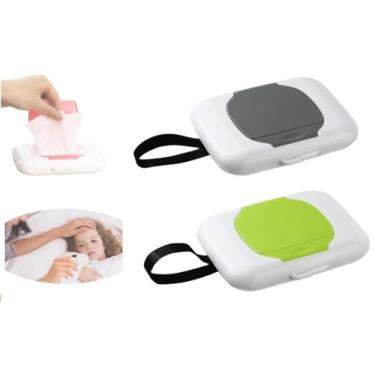 Imagem de 2 peças porta-lenços de viagem cinza verde reutilizável caixa recipiente para lenços umedecidos carrinhos de bebê pendurados dispensadores estojo seguro armazenamento molhado