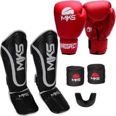 Imagem de Luva Muay Thai Vermelha + Caneleira Muay Thai Preta + Bandagem + Prote