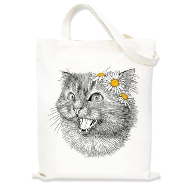 Imagem de Sacola estética de gato com margaridas para mulheres, meninas, bolsas de pano com alças, bolsa de animal adorável, sacolas fofas para mulheres, bolsa de compras reutilizável para viagens, compras