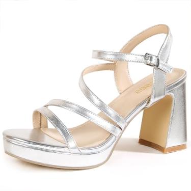 Imagem de rsxses Salto grosso plataforma para mulheres, tira no tornozelo, sandálias com tiras com bico aberto, casamento, formatura, noiva, Prata, 41