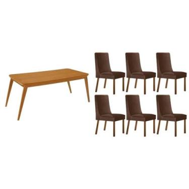 Imagem de Sala Jantar Mesa Havana Tampo Curvo 180cm+6 Cadeiras Dakota Madeira Na