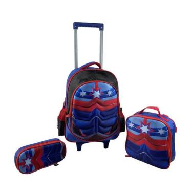 Imagem de Kit mochila escolar 2 rodas lancheira e estojo no limits - Santino, Az