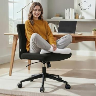 Imagem de NYPOT Cadeira cruzada com rodas – Cadeira de escritório larga sem braços para sentar com pernas cruzadas, vaidade ajustável giratória de 360° e balanço de 120° para casa e escritório (com rodas